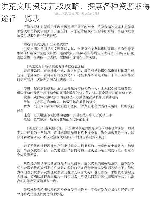 洪荒文明资源获取攻略：探索各种资源取得途径一览表