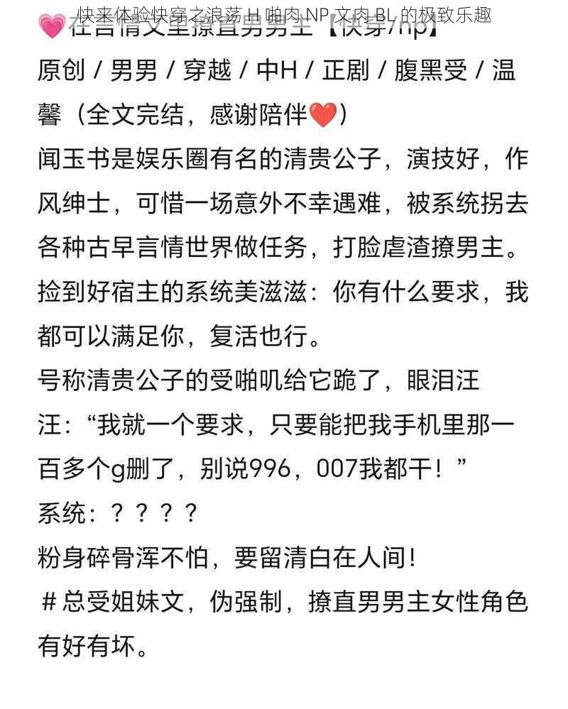 快来体验快穿之浪荡 H 啪肉 NP 文肉 BL 的极致乐趣