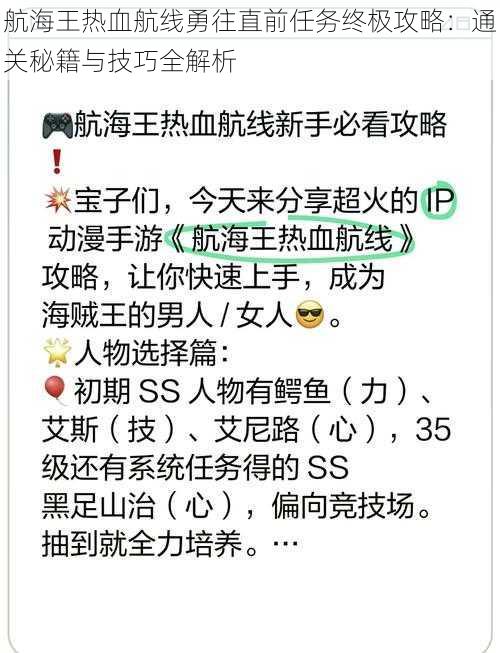 航海王热血航线勇往直前任务终极攻略：通关秘籍与技巧全解析