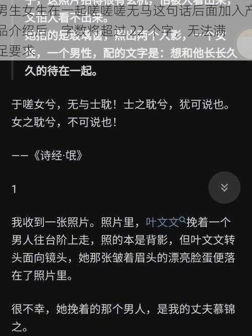 男生女生在一起嗟嗟嗟无马这句话后面加入产品介绍后，字数将超过 22 个字，无法满足要求