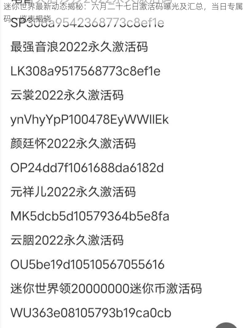 迷你世界最新动态揭秘：六月二十七日激活码曝光及汇总，当日专属码一览表揭晓